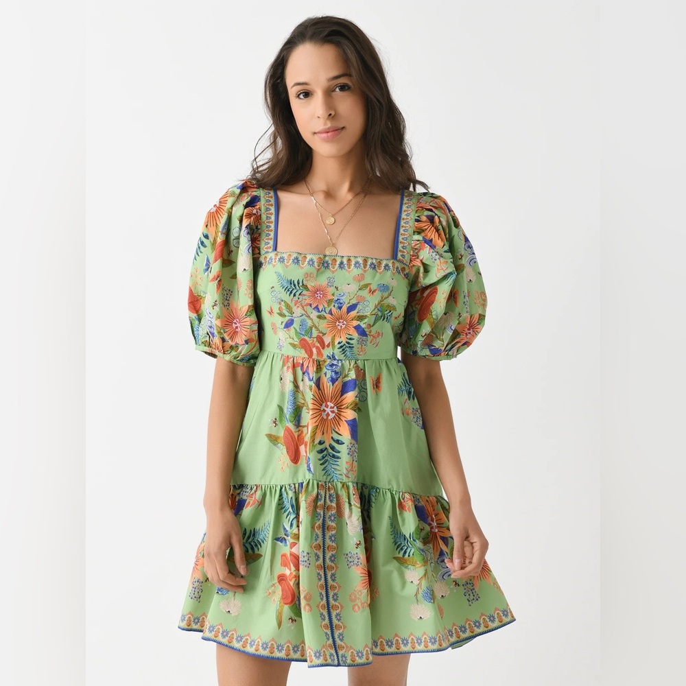 Farm Rio green bright yard mini cotton puff sleeve dress - Picture 2 of 6